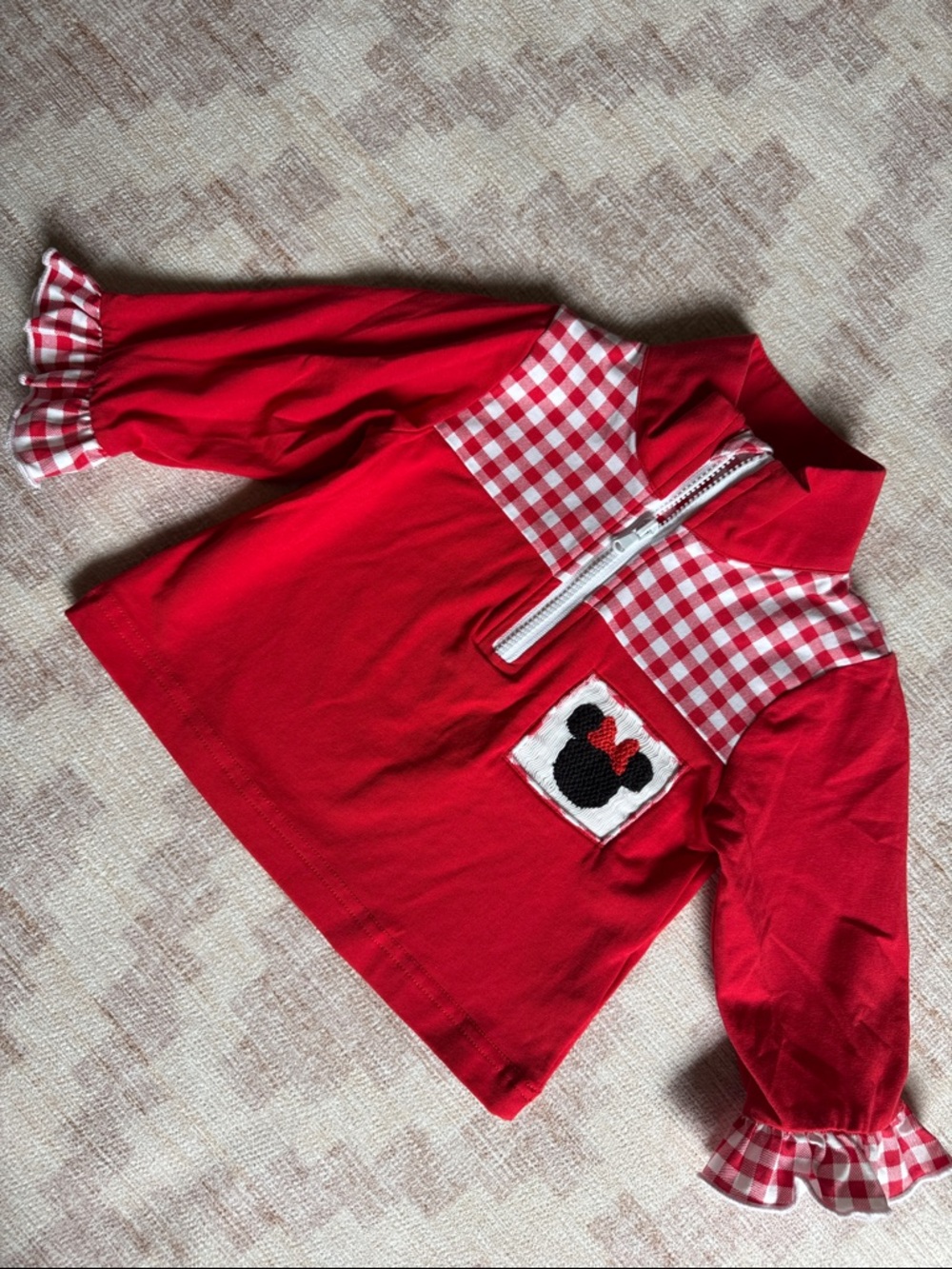 The Smocked Flamingo Red Gingham Minnie Mouse Smocked Ruffle Pullover size 6M